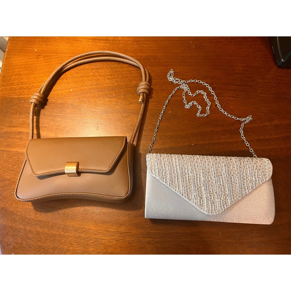 Small Handbag Bundle‎ Tan Mini Purse & Silver Rhinestone Clutch